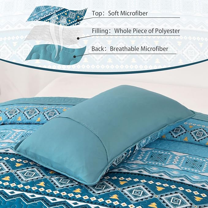 WONGS BEDDING 3 Piece Quilt Set Queen,Boho Teal Bedspread Coverlet Set with Geometry Printed for All Season,Lightweight Morden Bohemian Bedding Set 104"×90"