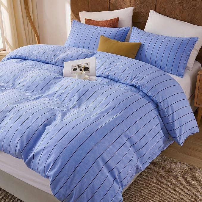 Merryword Blue Striped Duvet Cover Set Queen Size, 100% Cotton Denim Blue Bedding Set with Zipper Closure & 8 Corner Ties, Luxury Linen Like Bedding, Soft Breathable Comforter Cover for All Seasons