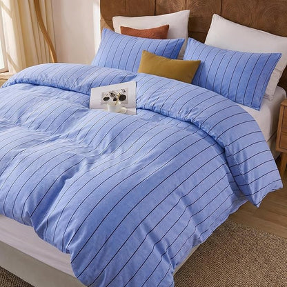 Merryword Blue Striped Duvet Cover Set Queen Size, 100% Cotton Denim Blue Bedding Set with Zipper Closure & 8 Corner Ties, Luxury Linen Like Bedding, Soft Breathable Comforter Cover for All Seasons