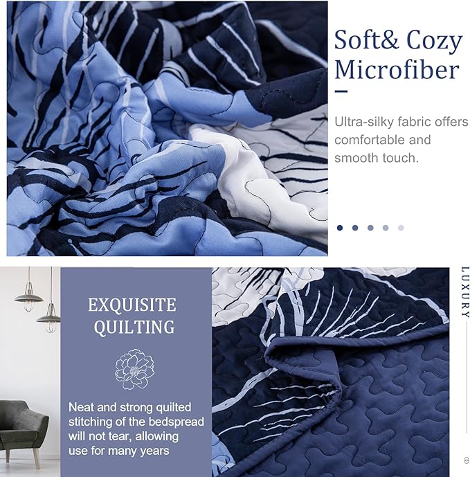 DJY 3 Pieces Quilt Set King Navy Blue Floral Pattern Quilt Coverlet Set Gorgeous Boho Bedspread with 2 Pillow Cases Cozy Microfiber Botanical Bedding Quilt Set for Teens Adults 104"x 90"