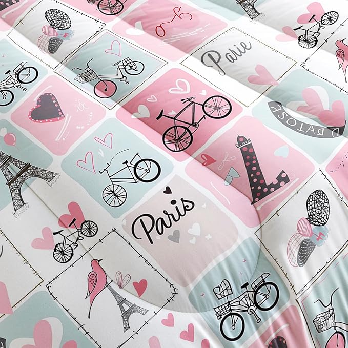 Pink Eiffel Tower Comforter Set Full Paris Theme Bedding Sets 3PCS for Kids Teen Adult Girl Room Decor Ultra-Soft Lightweight Microfiber 1 Comforter with 2 Pillowcases