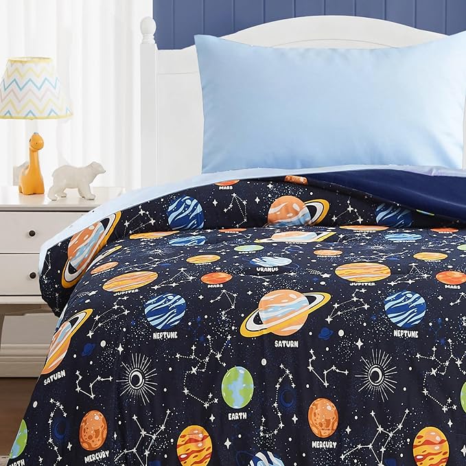 Toddler Bedding Set - 4 Pieces Toddler Comforter Set for Kids Boys, Glow in The Dark Space Bed in A Bag with Sheets