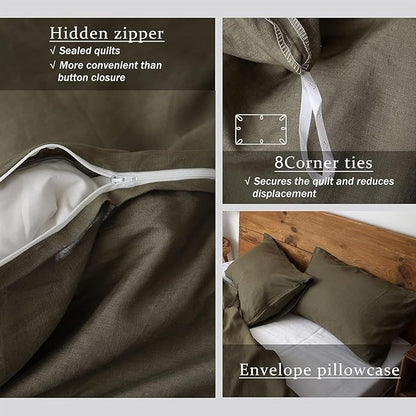 XZ XIFA Olive Green Linen Duvet Cover Oversized King, 100% Washed French Flax Linen Bedding Set with Zipper Closure, Cooling & Textured Bed Sets for Hot Sleepers(1 Duvet Cover, 2 Pillowcases)