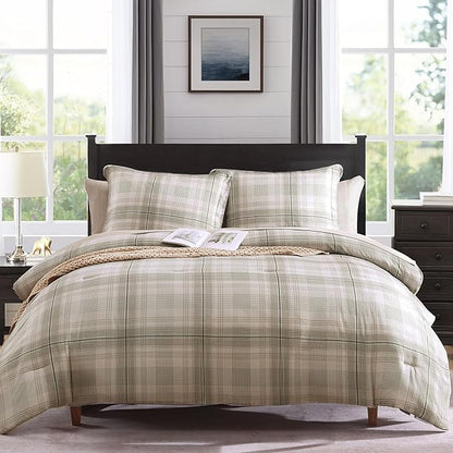 MaiRêve Plaid Full Comforter Sets, Khaki Green Grid Farmhouse Bedding Set Bed in A Bag, Classic Checkered Comforter Sets with Fitted & Flat Sheet, Pillowcases & Shams 80"x90"