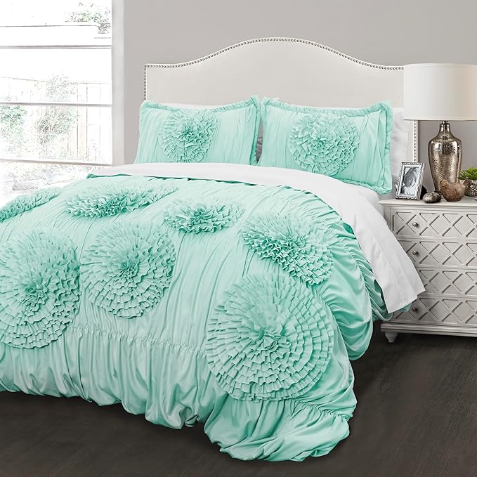 Lush Decor Serena Comforter Set, 3 Piece Set, Full/ Queen, Aqua - Cute Comforter - Queen Bedding Set - Blue Comforter Queen Size - Coquette Decor