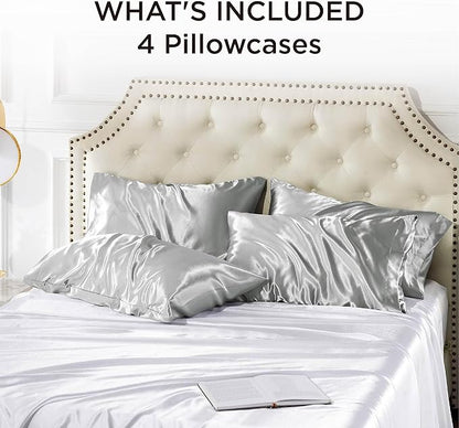 Bedsure Satin Pillowcase for Hair and Skin Queen - Silver Grey Silky Pillowcase 20x30 Inches - Set of 4 with Envelope Closure, Similar to Silk Pillow Cases, Gifts for Women Men