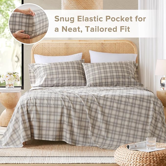 Comfort Spaces 100% Cotton Sheets Full, Breathable, Naturally Cool Cotton Sheets, Soft Cotton Bed Sheets with 14" Elastic Pocket Fits up to 16" Mattress, All Seasons Sheet Set, Wesley Taupe 4 Piece