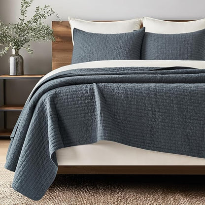 EVERGRACE Cross Stitch Pre-Washed Cotton Quilt Bedding Set King Size, Oversized 3 Pieces Lightweight Bedspread Coverlet for All Season, with 2 Matching Shams, Midnight Blue, 108"x96"