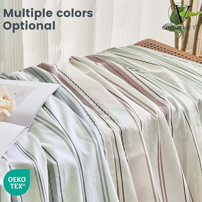 100% Linen Sheets King Size,Breathable & Durable 4-Piece Bed Flax Stripes Sheet Set,Soft All-Season Bedding for Hot Sleepers 16" Deep Pocket Oeko-TEX Certified,（King, Grey Stripes）