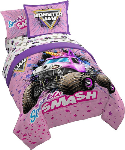Jay Franco Kids Comforter Set Includes Sheets and Pillow Covers - Soft and Cozy Bed Set for Stylish Room Decor, Pink - Monster Jam, 5 Piece Twin Bedding