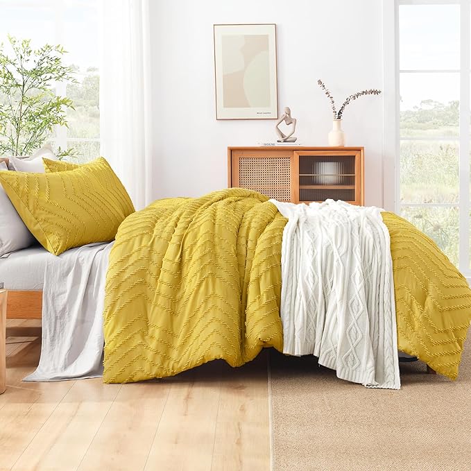 Litanika Mustard Yellow King Comforter Set, 3 Pieces Lightweight Tufted Bedding Sets, Down Alternative Comforter Fluffy Bed Set Gift Choice