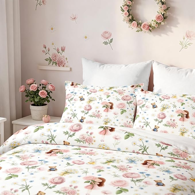 Girls Priness Botanical Comforter Set Full Size, 3Pcs Pink Rose Bedding for Kids Kawaii Bedroom Decor, Cute Priness Girly Rabbit Bear Comforter Set with 2 Pillowcases, 79"x90"