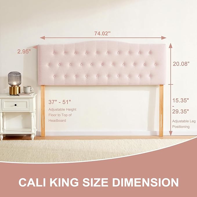 Tufted Headboard California King Size, Sturdy Solid Wood Head Board, Pink | Upholstered California King Headboard with Solid Wood Legs, Adjustable Height 37-51 in, Fabric Button Diamond HeadBoards