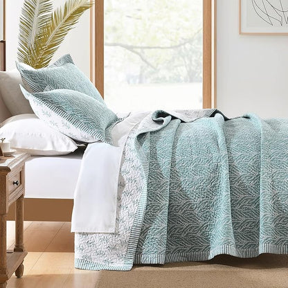 SahSahCasa Quilt Set Queen Size, 100% Cotton Quilt Bedding Set Bedspread, Botanical Pattern Solid Color Chic Lightweight Quilted Comforter for Queen Bed, White/Teal, All Season, 3PCs