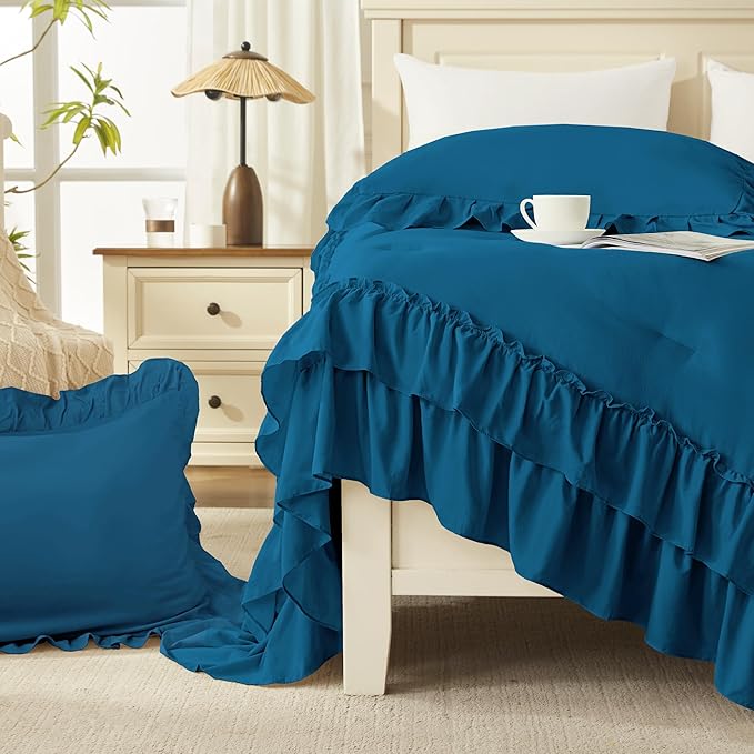 Andency Teal Twin Size Comforter Set, 2 Pieces Lightweight Fluffy Ruffle Bedding Set for Dorm, All Season Soft Farmhouse Shabby Chic Bed Set for Kids (66x90In)