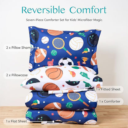 Joiedomi Kid Full Comforter Set 7 Piece Ball Sports Bedding Set for Boys Girls Super Soft Microfiber Bed in a Bag with Comforter Sheets Pillowcase Sham