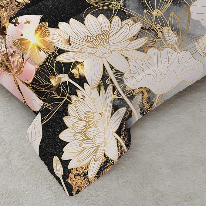 Butterfly Flowers Comforter Set Queen Lotus Floral Bedding Sets 3PCS for Kids Teen Adult Room Decor Ultra-Soft Lightweight Microfiber 1 Comforter with 2 Pillowcases