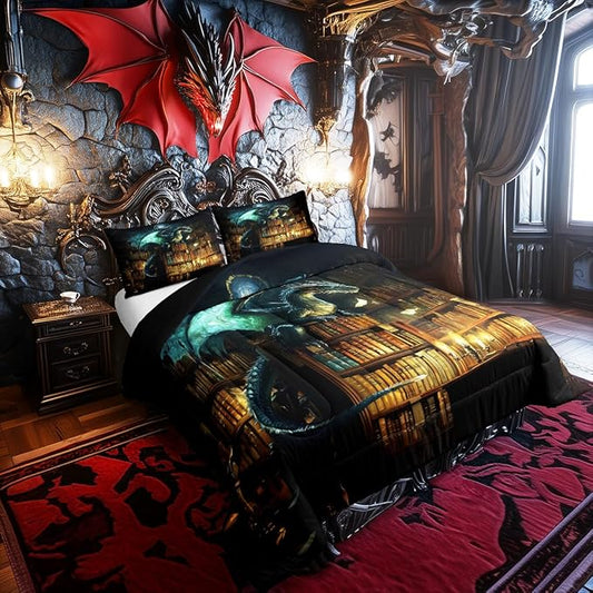 Mysterious Magical Theme 3 Pcs Comforter/Duvet Set,Castle Bookshelf Ultra Soft Bed Collection,Dragon Bedding for Room Decor 3 Pcs,Microfiber Breathable,King