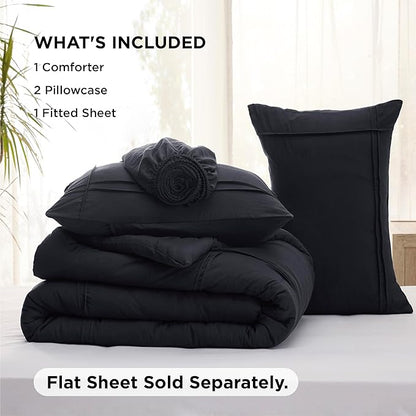 Bedsure Queen Comforter Set with Sheet - 4 Pieces Soft Black Bedding, Grid Pinch Pleat, All Season Lightweight Fluffy Bed Set with Solid Boho Comforter, Pillowcases & Sheet