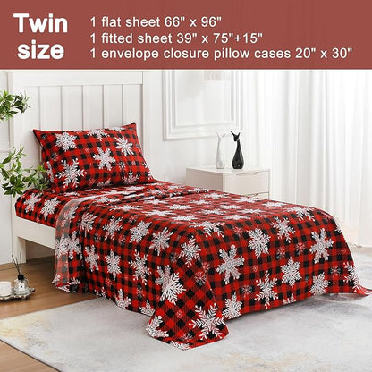 JSD Red Buffalo Plaid Snowflakes Sheet Set Twin Size, 3 Piece Christmas Winter Microfiber Bedding Sheets Extra Deep Pocket