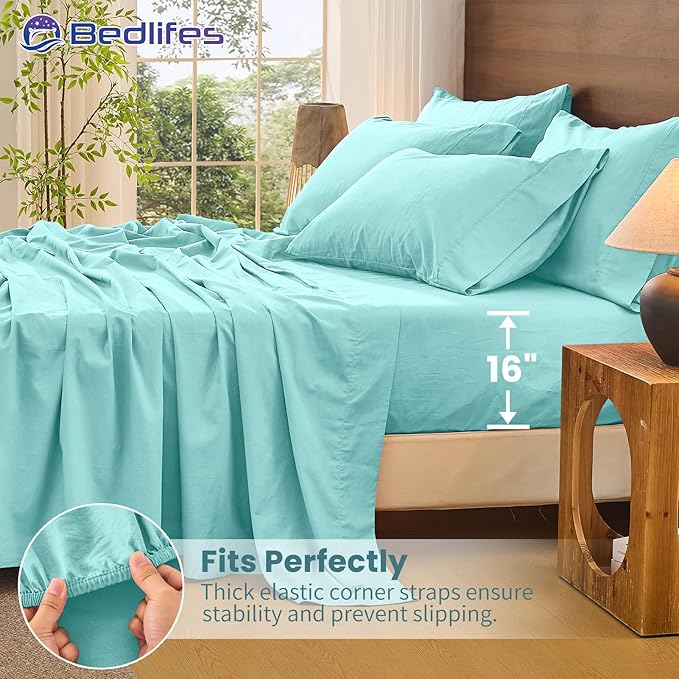 Bedlifes 100% French Pure Linen Sheets King Size Breathable and Cooling Flax Sheet Set Soft Durable and Moisture Wicking 16 Inch Deep Pocket-4 Piece(King,Teal)