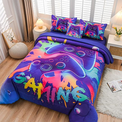Aimuan Gaming Comforter Sets for Boys Kids Bedding Sets Video Games Console Action Buttons Novelty Colorful Game Gamepad Controller Modern Gamer Room Decor Home Quilt Set (Queen 6 Pcs,Purple)