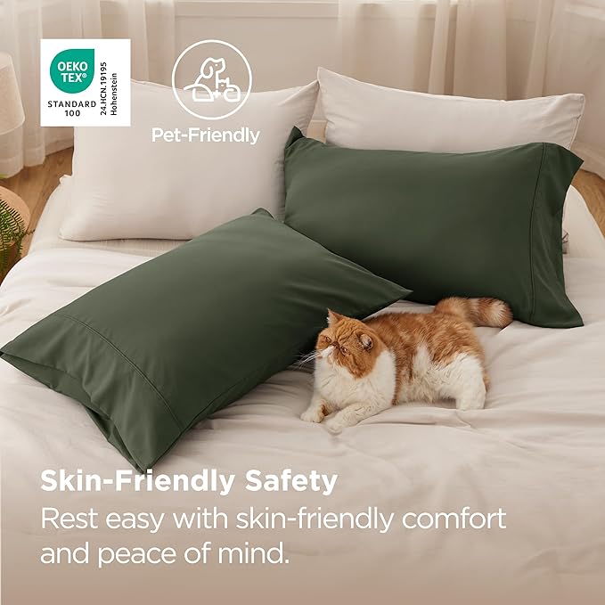 Bedsure King Size Pillow Cases Set of 2 - Olive Green Microfiber Pillowcases 2 Pack, Super Soft Double Brushed Pillow Case Cover with Envelope Closure for Kids, Wrinkle, Fade Resistant, 20x36 Inches