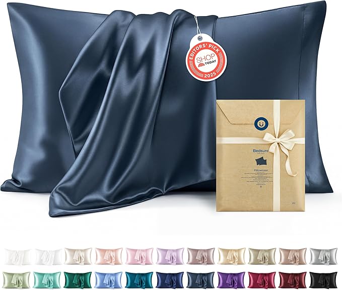 Bedsure Satin Pillowcase 2 Pack Similar to Silk Pillow Cases Standard Size, Pillow Case for Sleeping Women with Envelope Closure, Gifts for Women Men, Blue, 20x26 Inches