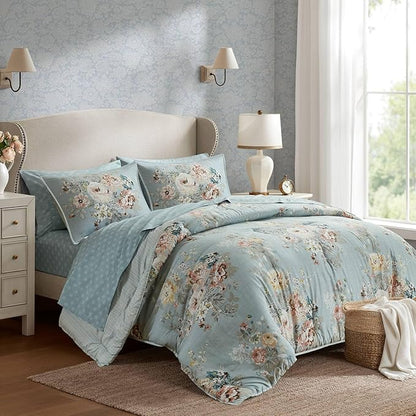 Madison Park Essentials Floral Comforter Set KING Size, Vintage Flower Bedding Set with Sheet Set, 7 Pieces Bed in a Bag with Reversible Botanical Comforter and Pillowcases & Shams, Heather, Soft Blue