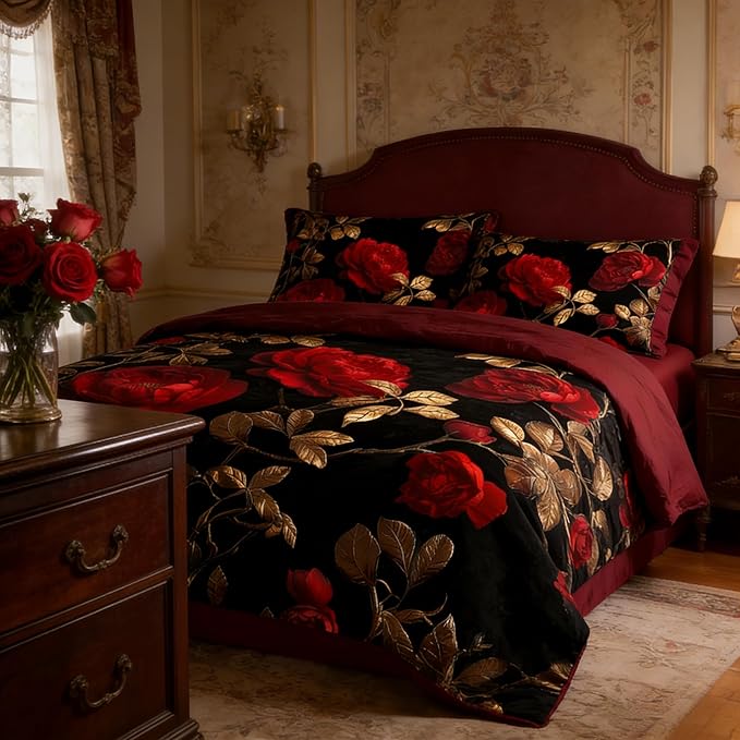 Black Red Roses Comforter Set Twin Size Kids Girls Botanical Floral Bedding Set Vintage Flower Soft Microfiber Lightweight Comforter,3 Pcs 2 Pillowcases, 68"x86"