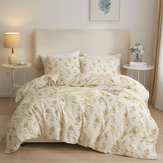VM VOUGEMARKET Queen Comforter Set Yellow Floral Comforter with 2 Pillowcases Cottagecore Aesthetic Comforter Set for Girls Women 90"x90"