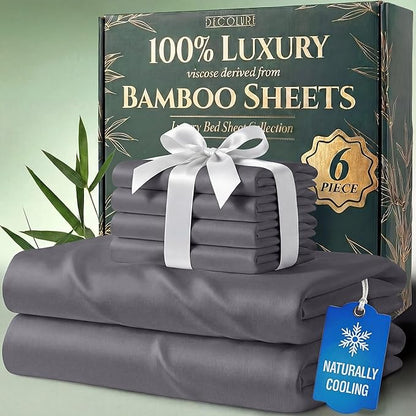 DECOLURE 100% Viscose Derived from Bamboo Sheets Queen Size - Luxury 6 Pc Naturally Cooling Sheets, Ultra Soft Bed Set - Deep 17" Pockets, Durable Double Stitching, Oeko Tex Standard (Grey)