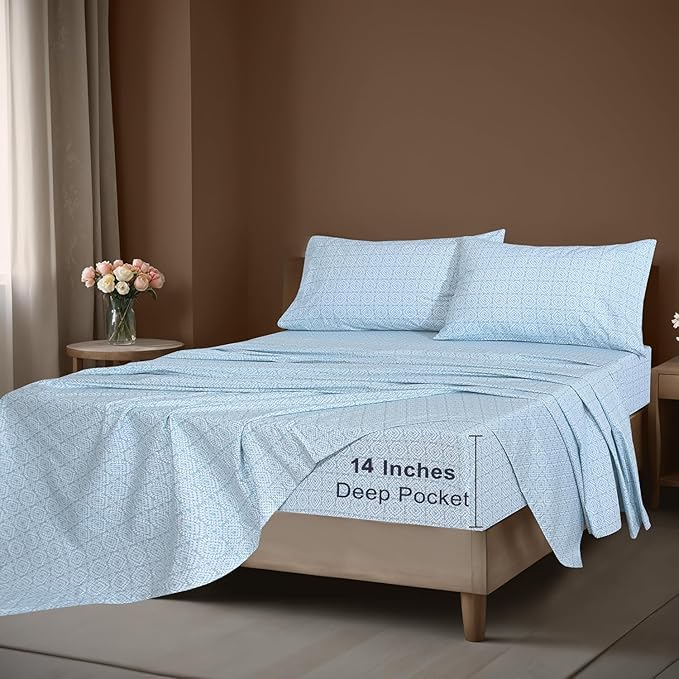 ZOYER 100% Cotton Sheets – California King Percale Bedding, Cooling & Breathable, Durable with a Crisp, Soft & Comfortable Feel, 14" Deep Pocket, 4-Piece Set, Teal Geo