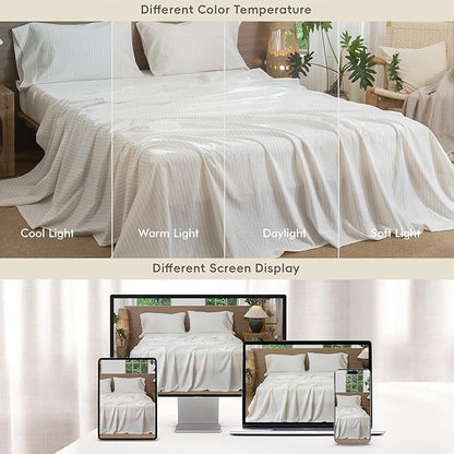 MooMee Striped Sheet Set 100% Washed Cotton Linen Like Textured Breathable Durable Soft Comfy (White Almond Milk Grey Wide Stripes, Queen)