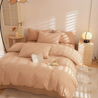 Plaid Comforter Set Twin XL Washed Cotton Boho Bedding Set Down Alternative Cozy Fluffy Aesthetic Bedding Comforter Sets Soft All Season Farmhouse Comfy Bed Comforter with 2 Pillowcases