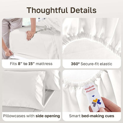 California Design Den Split King Sheets Sets for Adjustable Bed - 100% Cotton, 500 Thread Count Sateen, Deep Pocket Sheet & Pillowcase Sets – True Ivory