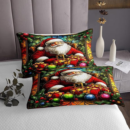 Santa Claus Kids Bedspread Queen Size,Merry Christmas Happy New Year Xmas Coverlet Set,Boys Girls Room Decor,Flowers Leaves Rustic Farmhouse Quilted Coverlet,Red Retro Bedding Quilt,2 Pillowcases