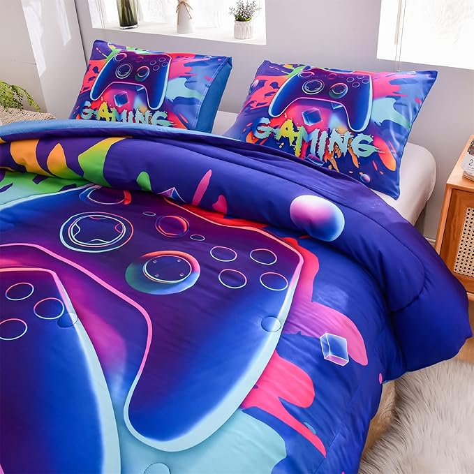 Aimuan Gaming Comforter Sets for Boys Kids Bedding Sets Video Games Console Action Buttons Novelty Colorful Game Gamepad Controller Modern Gamer Room Decor Home Quilt Set (Twin, Purple)