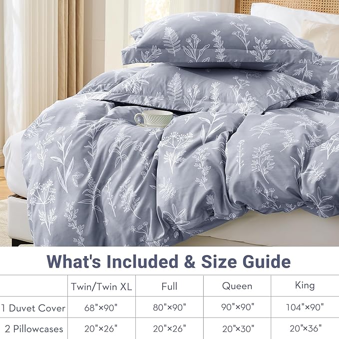 MUXHOMO Duvet Cover Queen Size, Reversible Floral Grey Duvet Cover Set with Zipper Closure, 3 Pieces Botanical Patterns Soft Microfiber Bedding Set with 4 Ties (90"x90", 2 Pillow Cases)