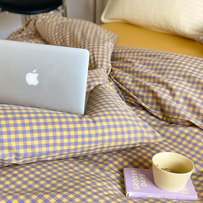 mixinni Yellow/Purple Gingham Comforter Set King, Plaid Comforter Set 3 Pieces 1 Vintage Grid Comfoter with 2 Pillow Cases for All Seasons, Soft Fluffy Modern Grid Pattern Printed Bedding-King Size