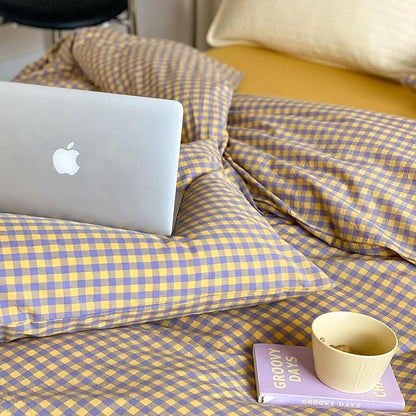 mixinni Yellow/Purple Gingham Comforter Set King, Plaid Comforter Set 3 Pieces 1 Vintage Grid Comfoter with 2 Pillow Cases for All Seasons, Soft Fluffy Modern Grid Pattern Printed Bedding-King Size