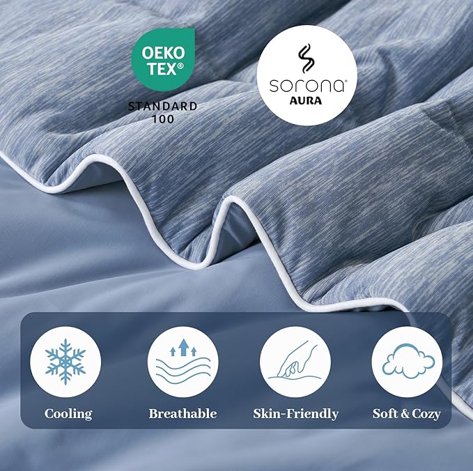 Amélie Home Cooling Comforter Queen Size, Dual-Sided Lightweight Cooling Blanket for Hot Sleepers, Q-Max 0.43 Breathable Cooling Quilt for Night Sweats, 90" x 90", Heather Denim Blue