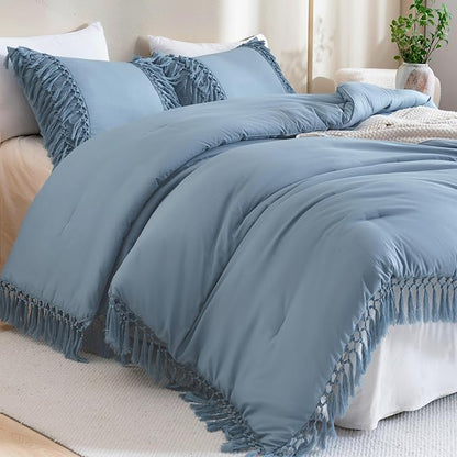 Andency Grayish Blue Comforter Set Queen, 3 Pieces Boho Tassel Lightweight Soft Bedding Comforter Sets, All Season Fluffy Fringe Bed Set (90x90In Comforter & 2 Pillowcases)