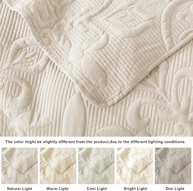 Ivory Damask Quilt Queen Size Bedding Sets with 2 Pillow Shams, Cream Boho Bedspread Lightweight Soft Farmhouse Vintage Bohemian Coverlet Retro Jacquard Pattern Bed Cover for All Season, 3 Pieces