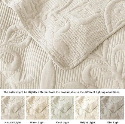 Ivory Damask Quilt Queen Size Bedding Sets with 2 Pillow Shams, Cream Boho Bedspread Lightweight Soft Farmhouse Vintage Bohemian Coverlet Retro Jacquard Pattern Bed Cover for All Season, 3 Pieces