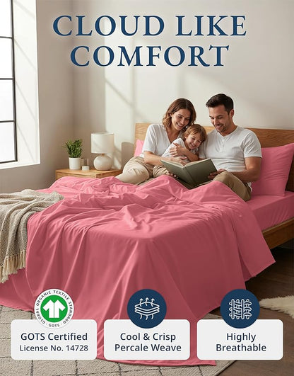 LANE LINEN 100% Organic Cotton Bed Sheets Full Size, Fully Elasticized Sustainably Produced Soft & Comfy, Machine Washable Naturally Cooling Full Sheet Deep Pocket Bedding - Mineral Red
