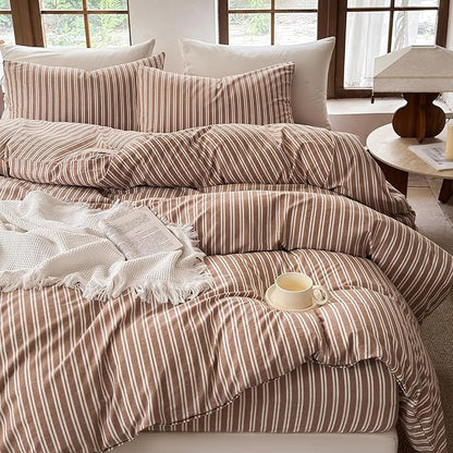 Striped Duvet Cover Set 100% Washed Cotton Linen Like Soft Feelling Breathable Bedding(Burnt Orange/White Strip,King)
