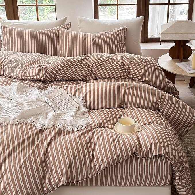 Striped Duvet Cover Set 100% Washed Cotton Linen Like Soft Feelling Breathable Bedding(Burnt Orange/White Strip,Full)