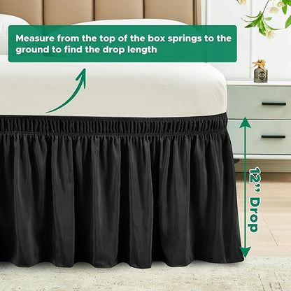 Biscaynebay Wrap Around Bed Skirts for Twin & Twin XL Beds Short Drop of 12", Black Adjustable Elastic Dust Ruffles Easy Fit Wrinkle Resistant Silky Luxurious Fabric Machine Washable
