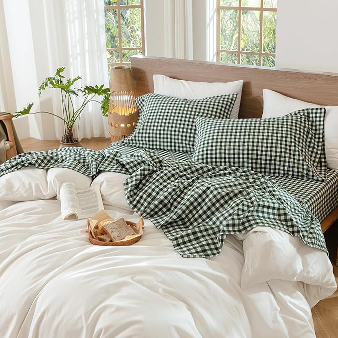 MooMee Gingham Sheet Set 100% Washed Cotton Linen Like Textured Breathable Soft w/Fully Elasticized 16-19" Deep Pocket (Classic Gingham Forest Green, King)